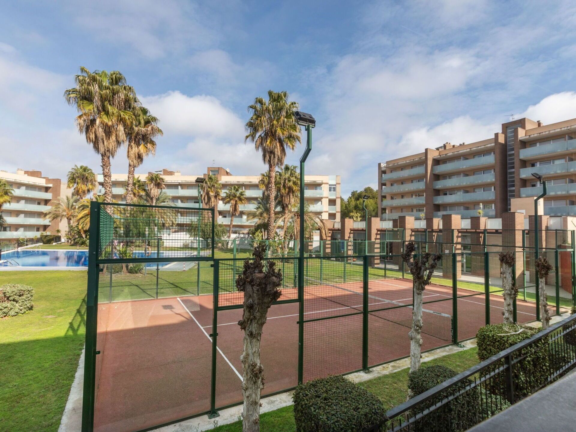 Un court de tennis entouré d’une clôture verte, de palmiers et, au fond, d’un ensemble de bâtiments.
