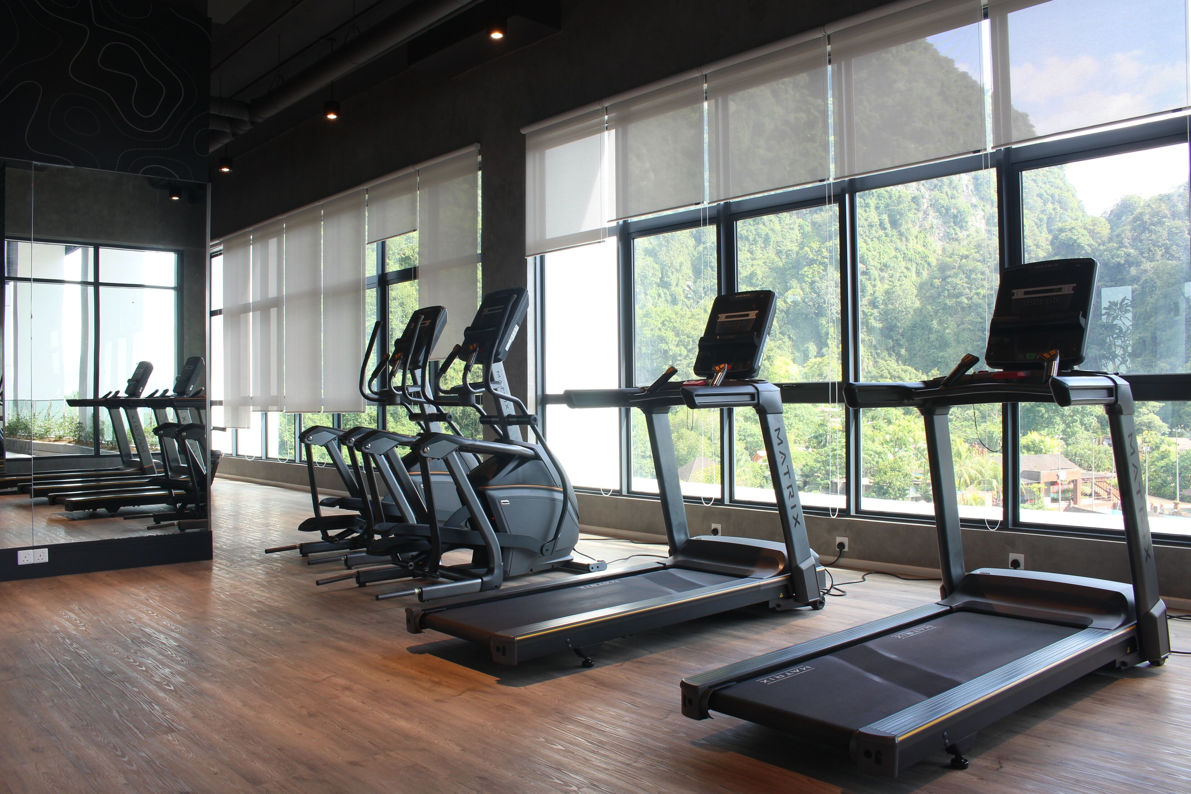 Une salle de sport équipée de plusieurs tapis de course et d’appareils d’exercice, de grandes fenêtres donnant sur un espace verdoyant et d’un plancher en bois.