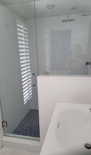 Shower, hair dryer, bidet, towels