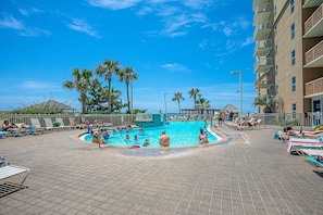 A pool area with lounge chairs and palm trees.