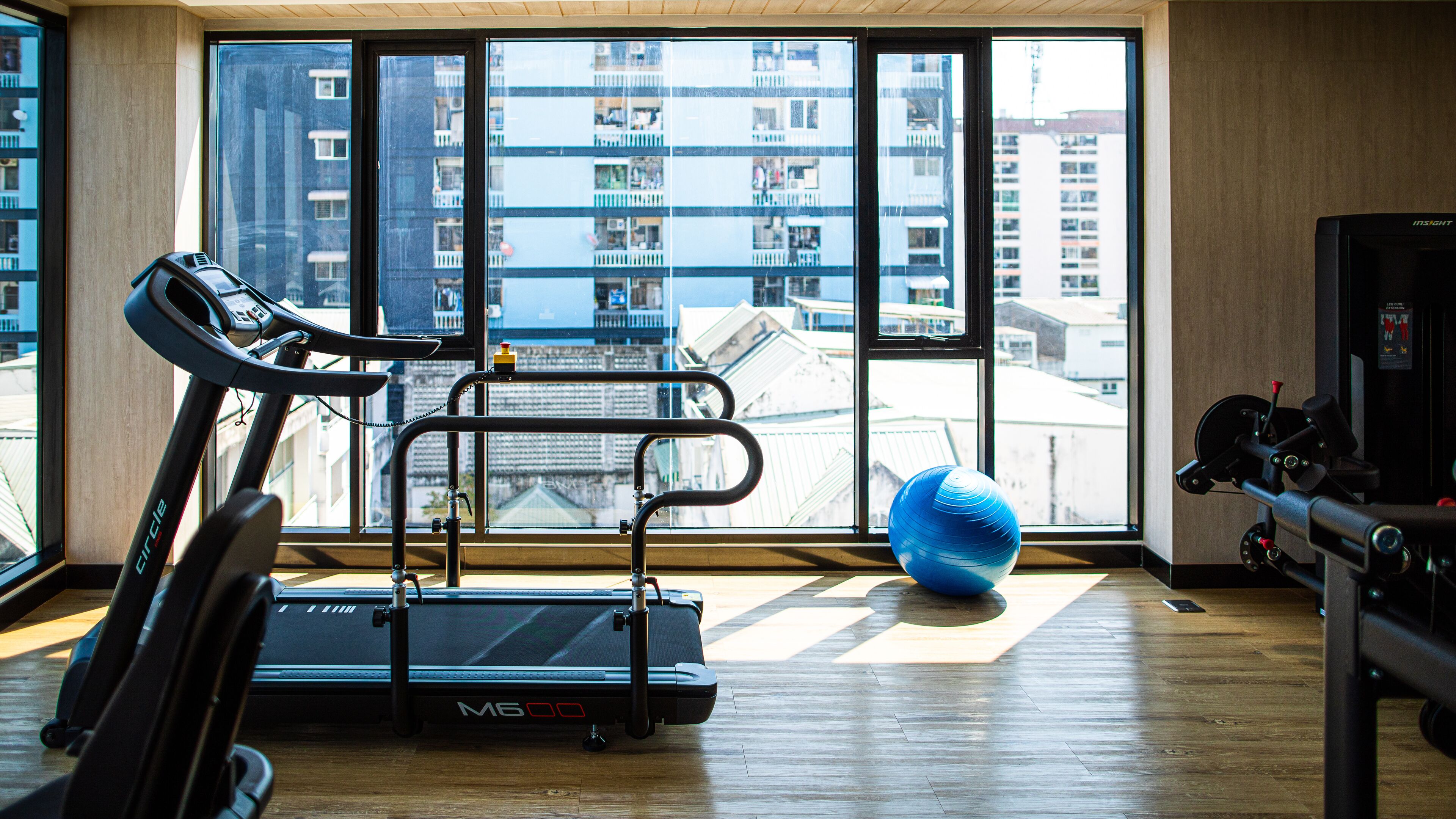 A gym with a treadmill, exercise ball, and weights.