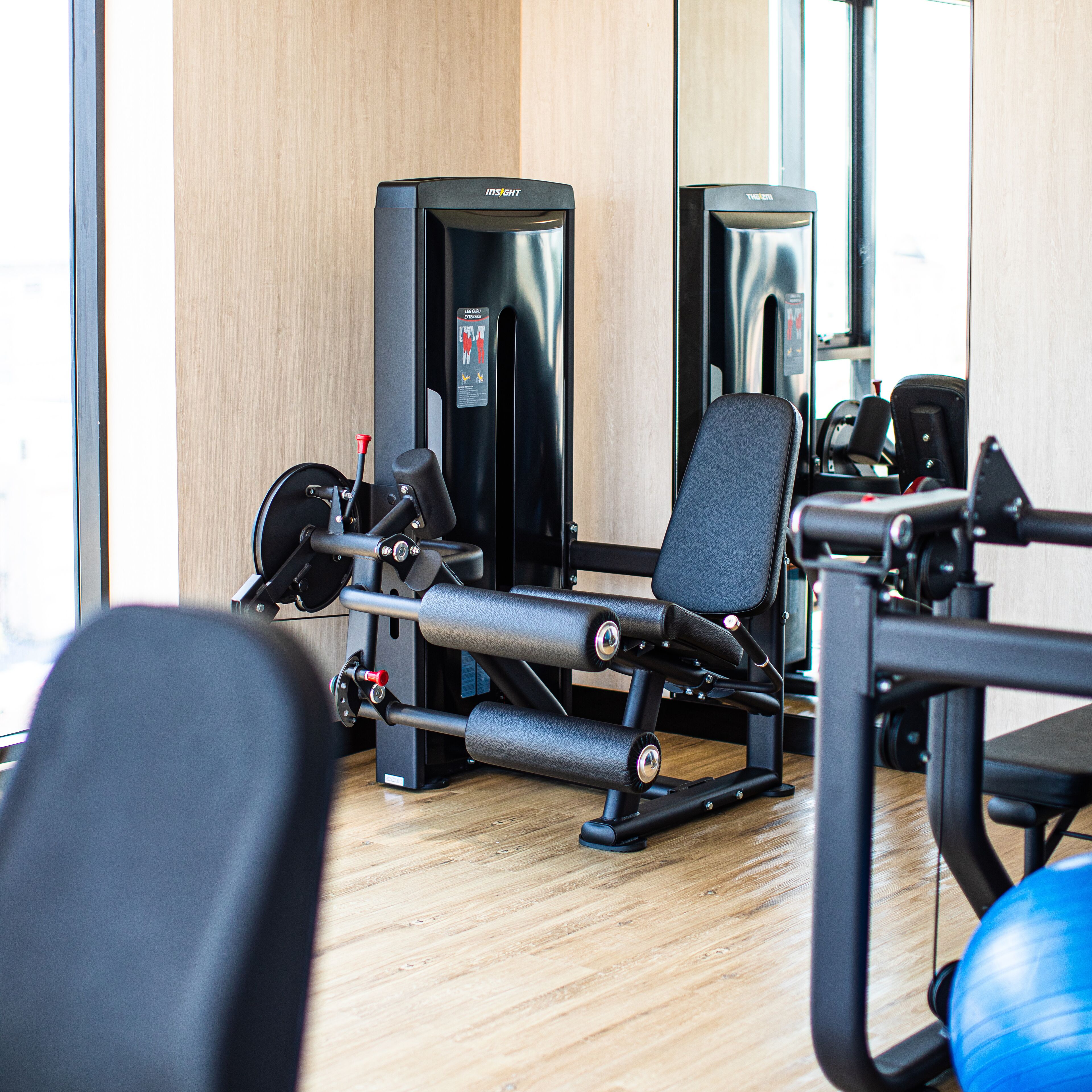 A gym with exercise equipment, including a bench press and a squat rack.