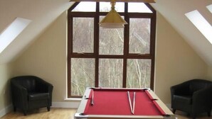 Een pooltafel in een ruimte met schuine plafonds en dakramen, houten vloer en twee fauteuils.