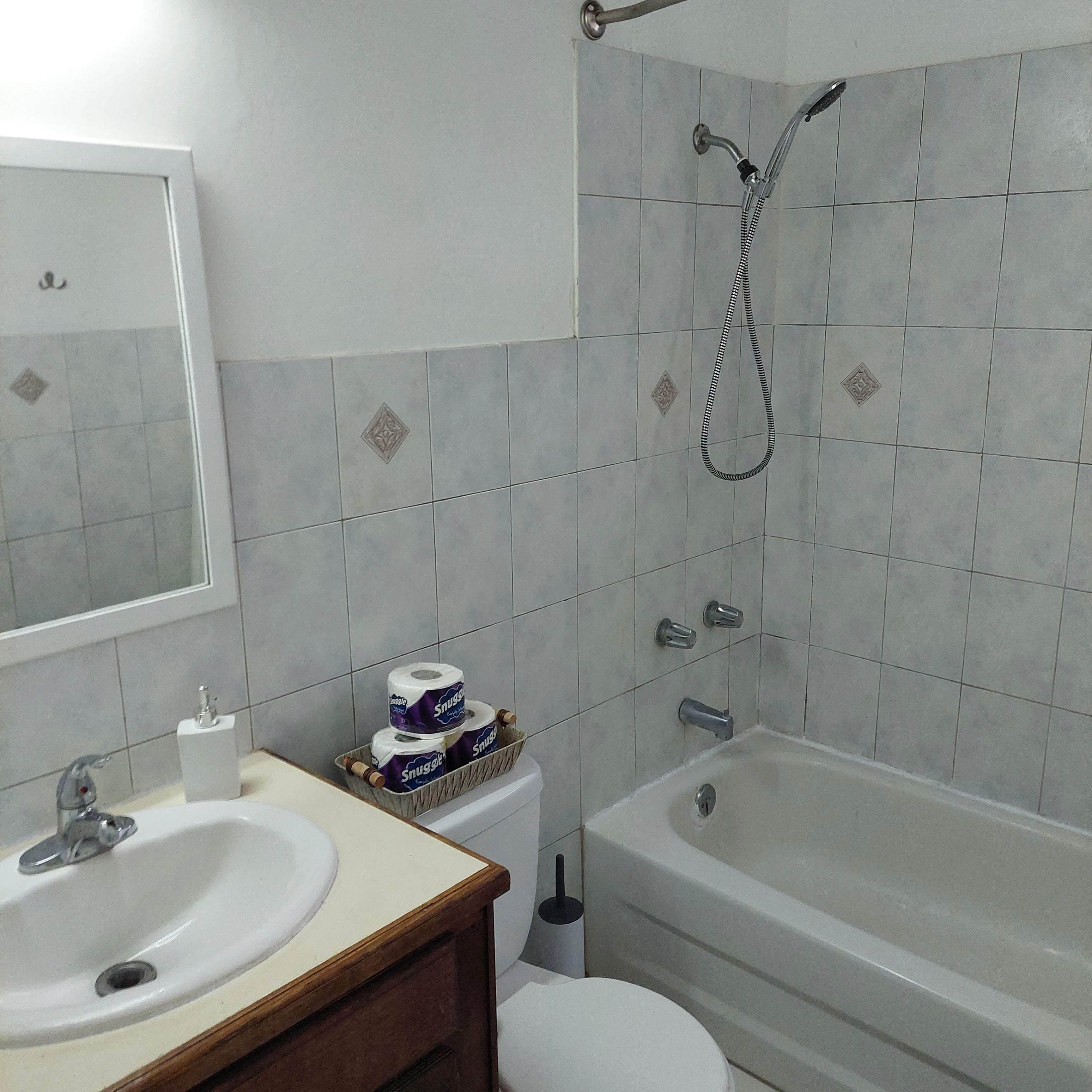 Une salle de bain avec un lavabo, des toilettes et une baignoire. On y trouve des rouleaux de papier toilette et une bouteille sur le comptoir.