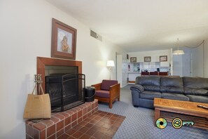 Televisión de pantalla plana, chimenea y reproductor de DVD 