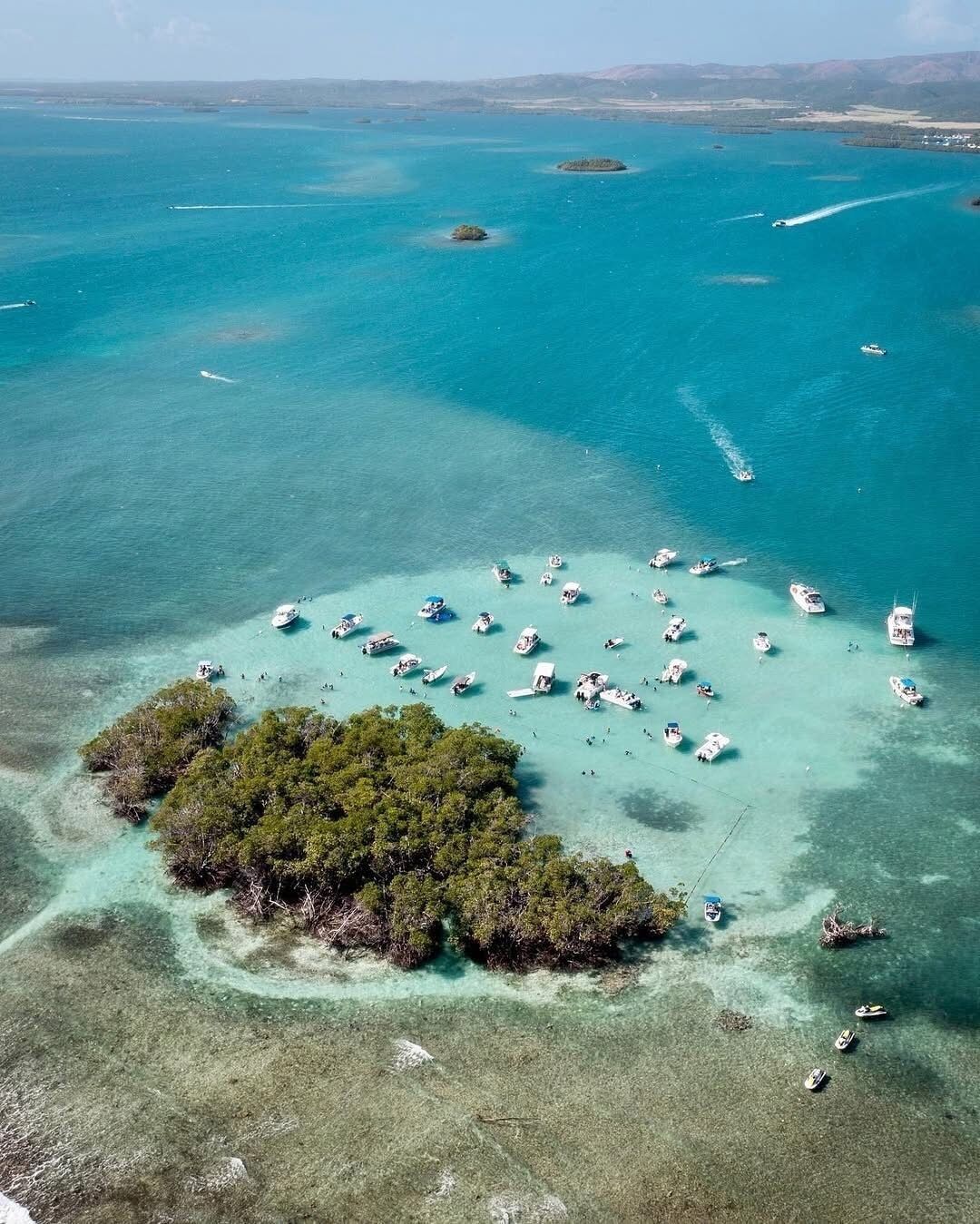 An aerial view of a coastal area with clear turquoise waters, numerous boats, and a small island with dense vegetation.