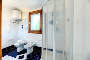 Shower, hair dryer, bidet, towels