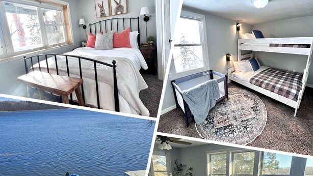 A bedroom with a bed, bedside table, and a window. - Get Cozee Pequot Lakes, Lakefront on Mayo/Sibley (Pequot Lakes)