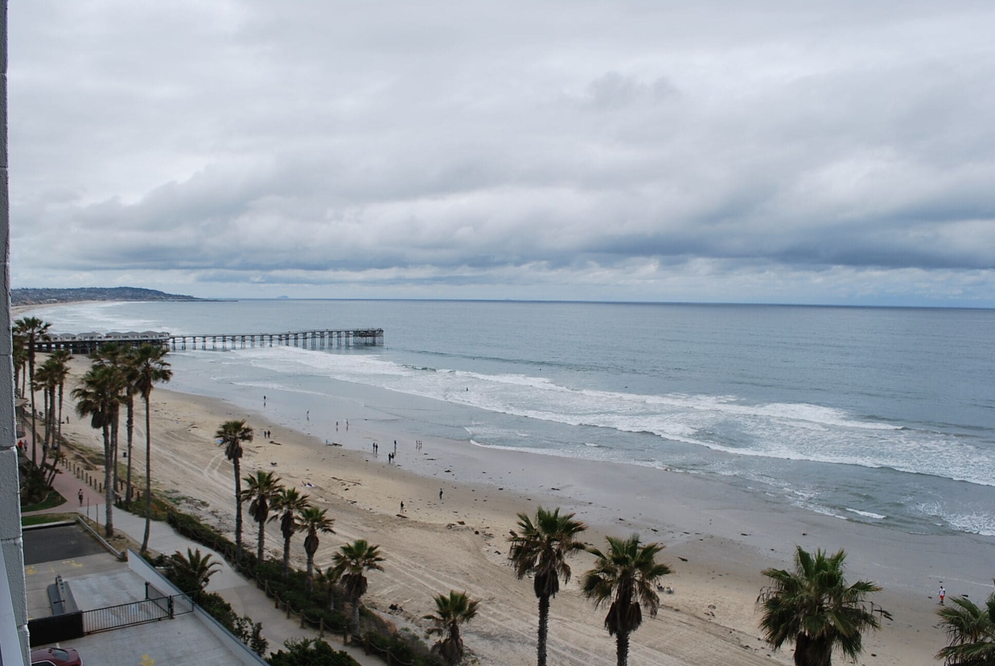 A beach with a pier extending into the ocean, palm trees lining the shore, and a cloudy sky.