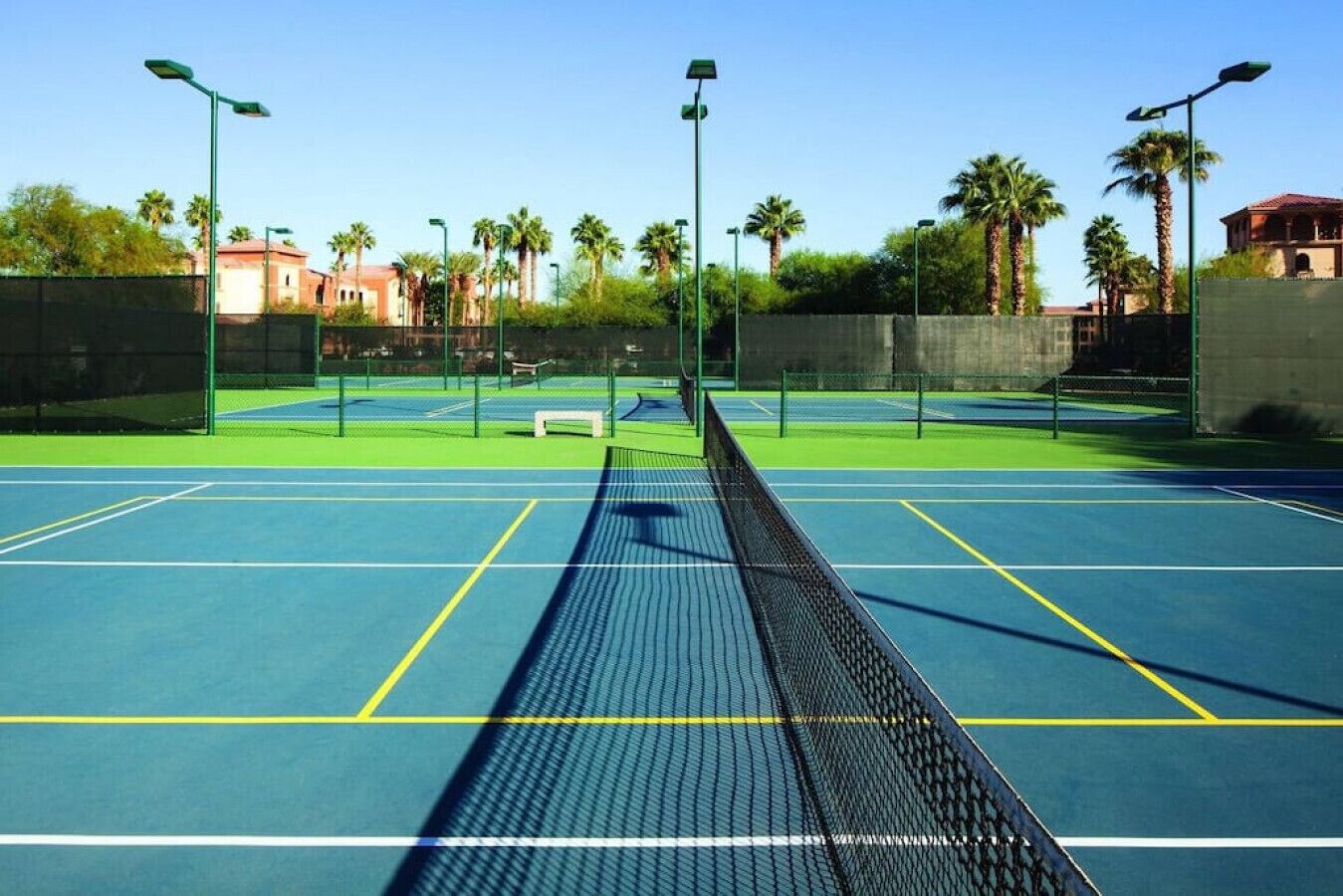 Een tennisbaan met net, omringd door groen hekwerk en palmbomen.