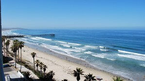 Uma praia com um píer se estendendo para o oceano, palmeiras ao longo da costa e um céu azul límpido.