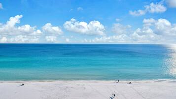 On the beach, sun loungers