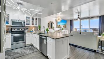 Coffee/tea maker, fridge, microwave, oven