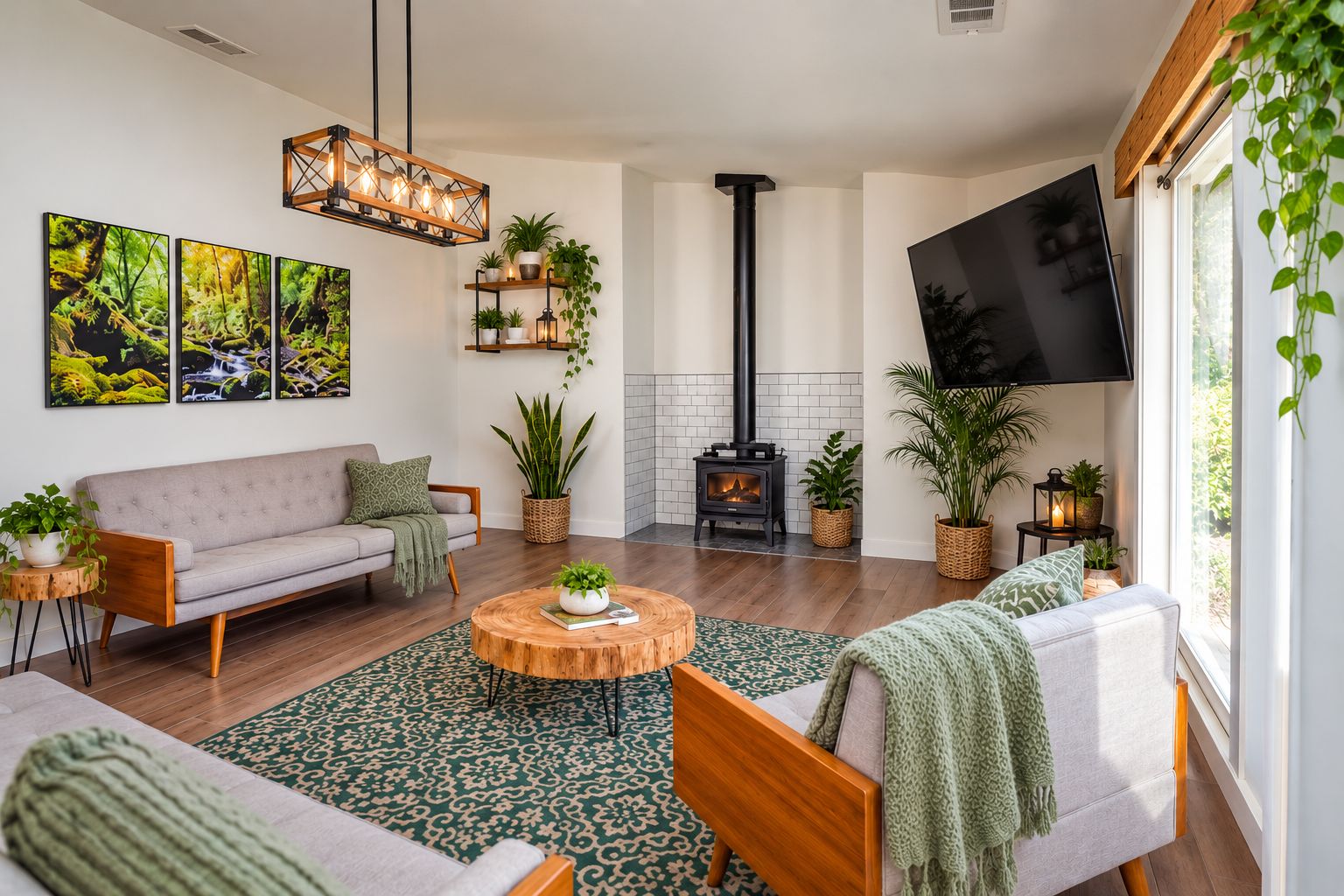 A living room with a sofa, coffee table, and a fireplace. There are potted plants and a TV mounted on the wall.