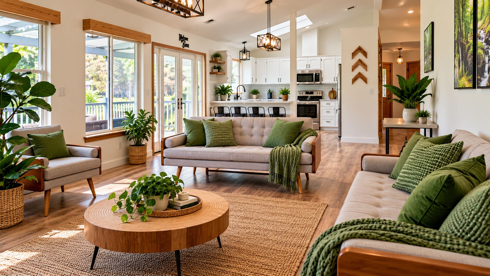 A spacious living room with a sofa, armchairs, and a coffee table, a kitchen with modern appliances, and a balcony with potted plants.