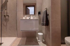 Hair dryer, towels, soap, toilet paper