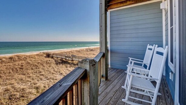 A wooden deck with a view of the beach and ocean. - Island Treasure, CB Oceanfront Retreat (Carolina Beach)