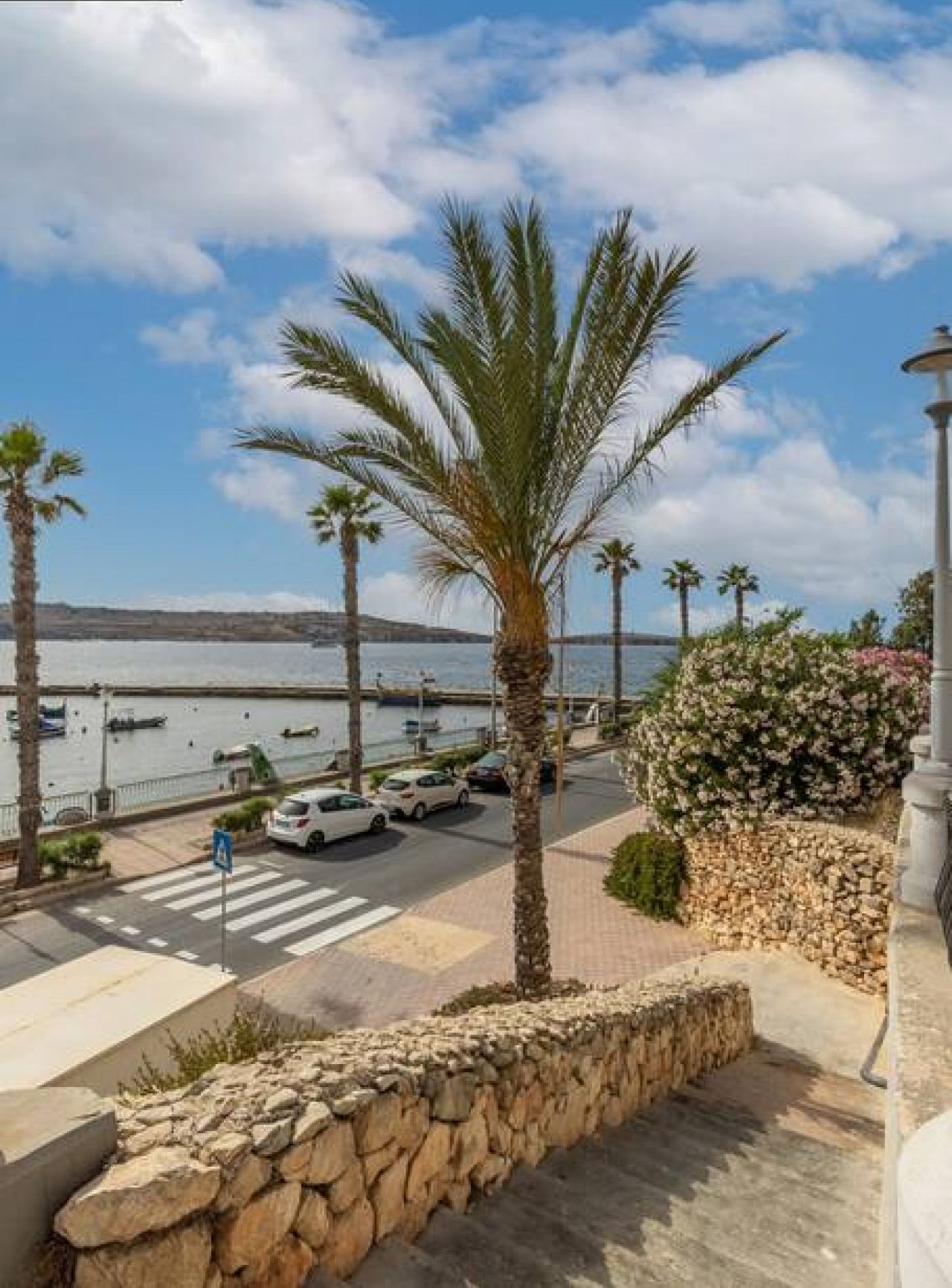 Une rue côtière bordée de palmiers, avec un mur de pierre et une vue sur la mer.