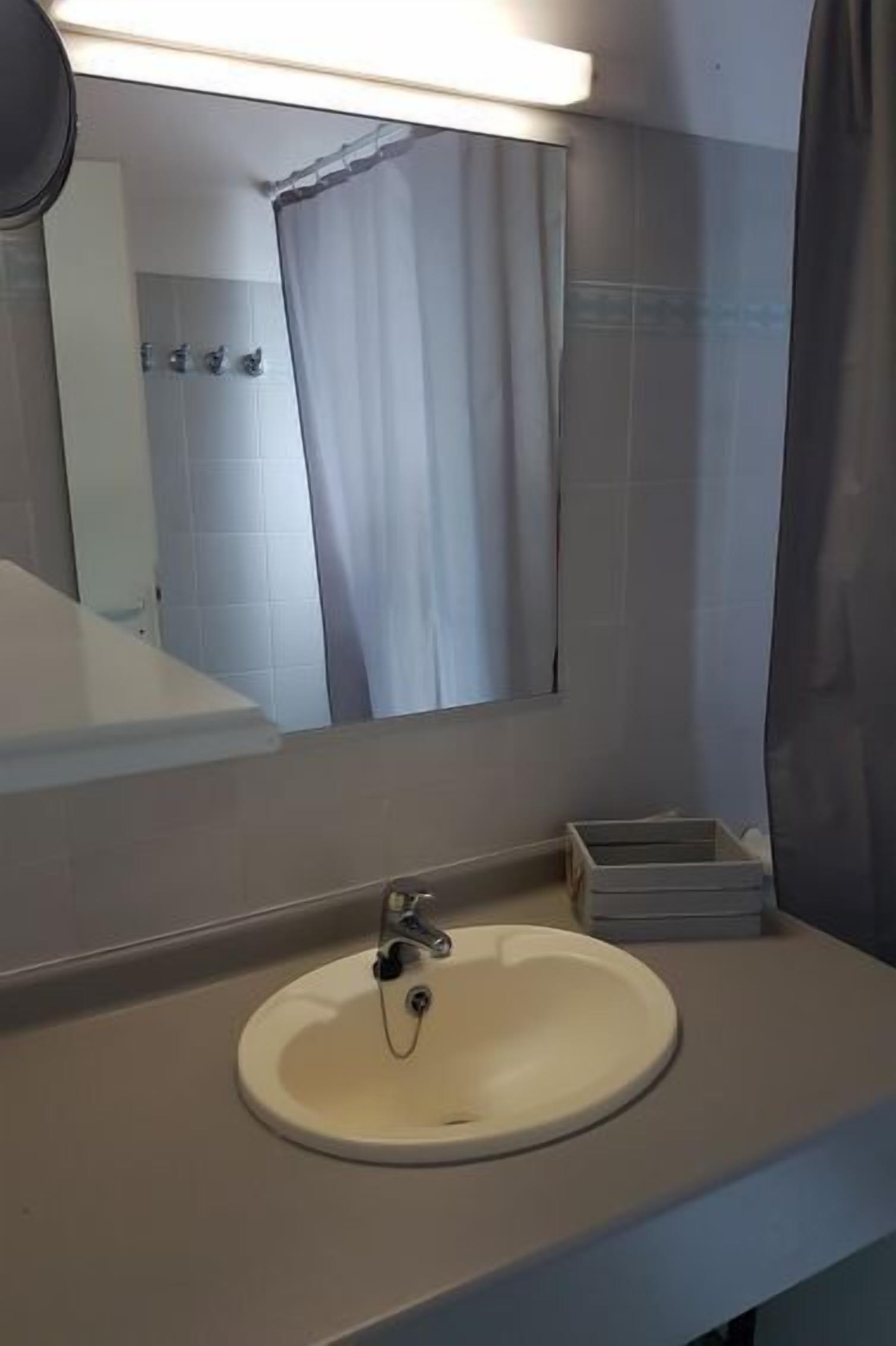 A bathroom with a round sink, a mirror, and a shower curtain.