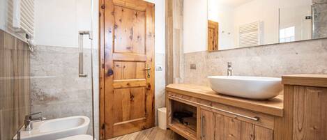 Shower, hair dryer, bidet, towels