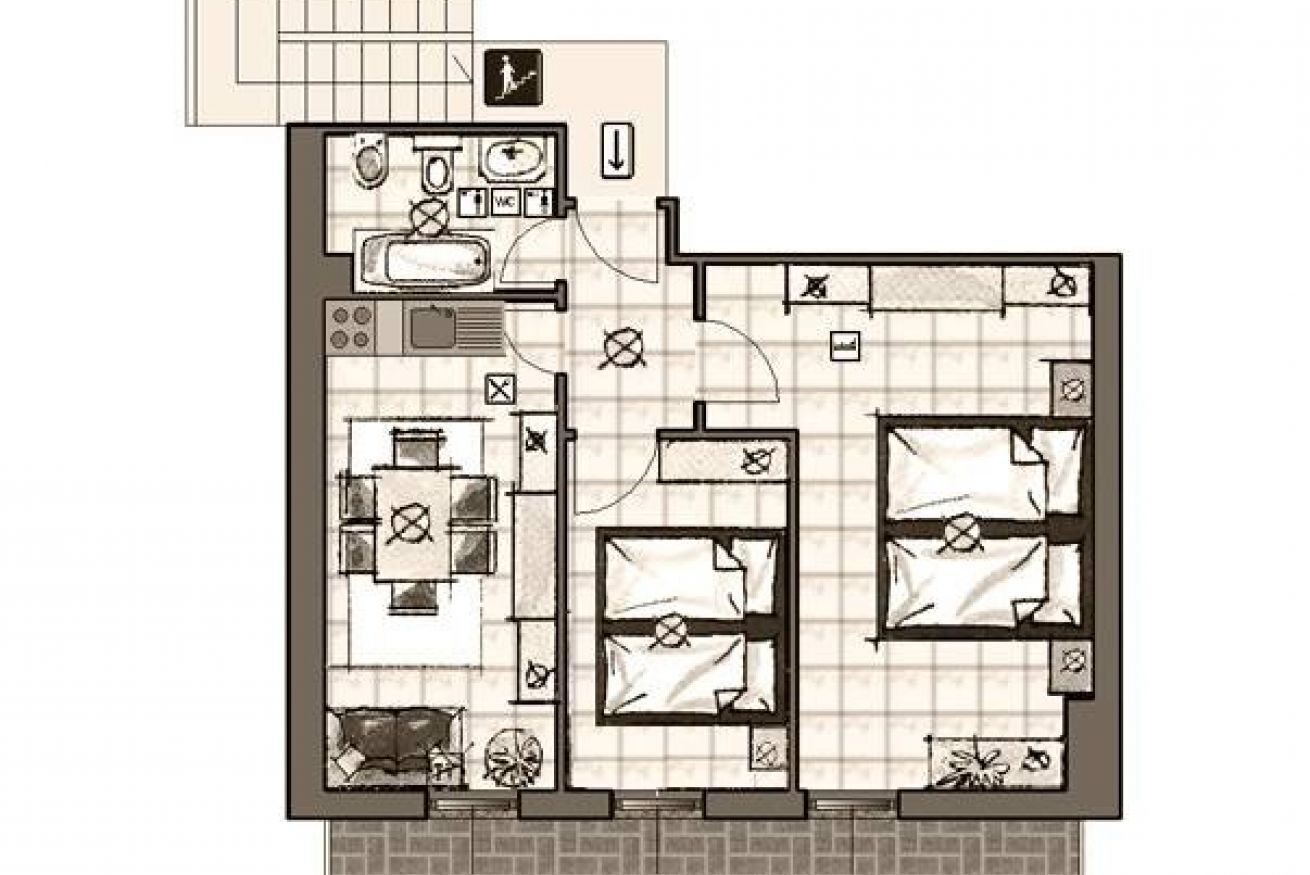 A hotel floor plan with a kitchen, dining area, two bedrooms, and a bathroom.