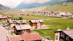 A mountainous village with traditional wooden houses, a church, and a paved road. - The Real Wood Chalet awaits you for a vacation in comfort. (livigno)