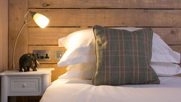 A neatly made bed with white linens and a plaid pillow, a bedside lamp, and a small elephant figurine on a white nightstand. - The Elephant at the Market (Newbury)