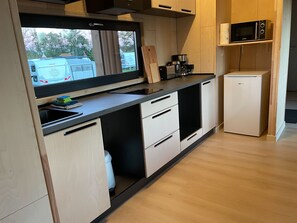 Fridge, microwave, stovetop, coffee/tea maker