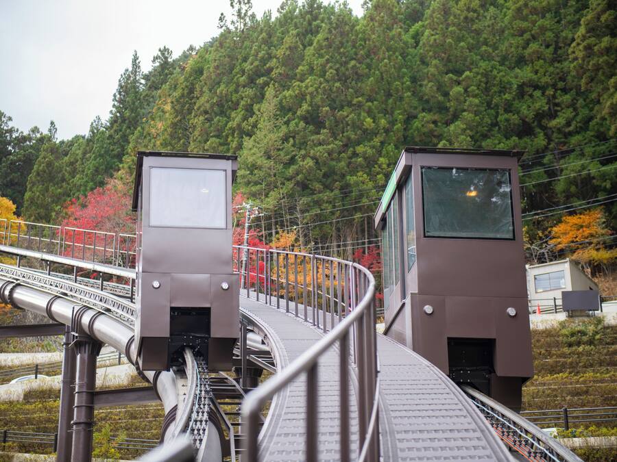 A train station platform with a curved track and two control boxes.