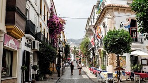 Une rue pavée bordée d’immeubles, de terrasses et de plantes en pot.
