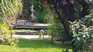 Ein Garten mit Teich, einer Holzbrücke und unterschiedlichen Pflanzen.