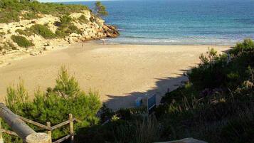 A beach with a wooden fence, rocky cliffs, and a clear view of the sea.
