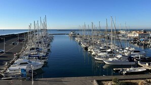 A marina with numerous boats docked along the water's edge, a clear sky, and a distant view of the sea.