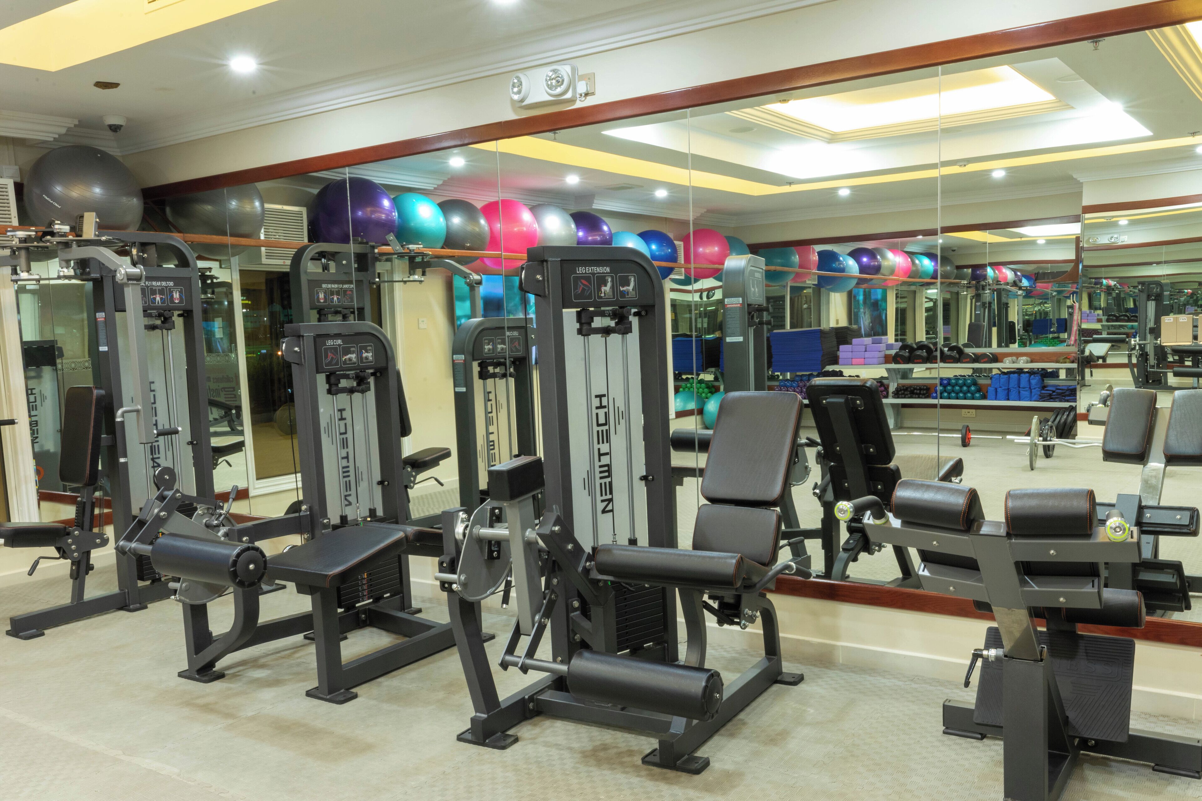 A gym with various exercise machines, mirrors, and exercise balls.