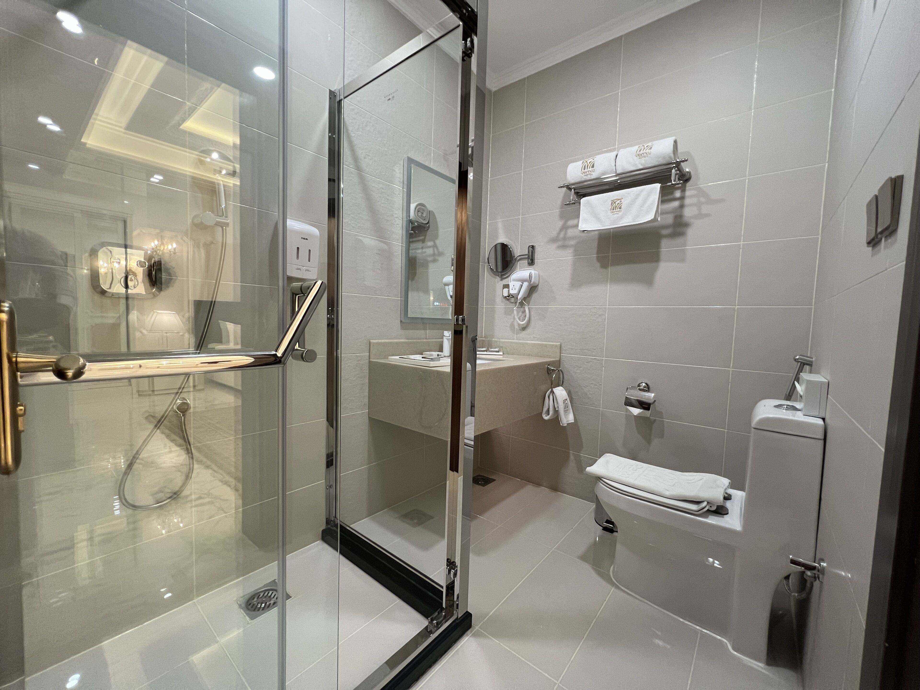 A modern bathroom with a glass-enclosed shower, a vanity with a mirror, and a toilet.