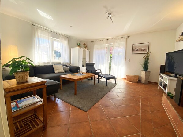 Smart TV, fireplace, books, stereo