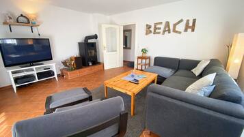 Smart TV, fireplace, books, stereo