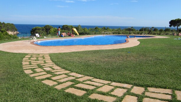 Una piscina con vista despejada al océano, rodeada de césped y un sendero de piedra.