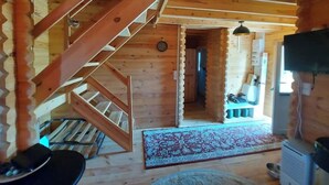 Interior de una cabaña de madera con escalera espiral, una alfombra pequeña y un televisor.