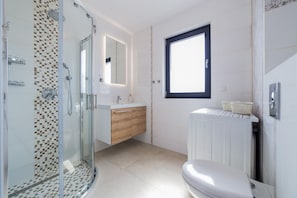 Shower, hair dryer, soap, toilet paper