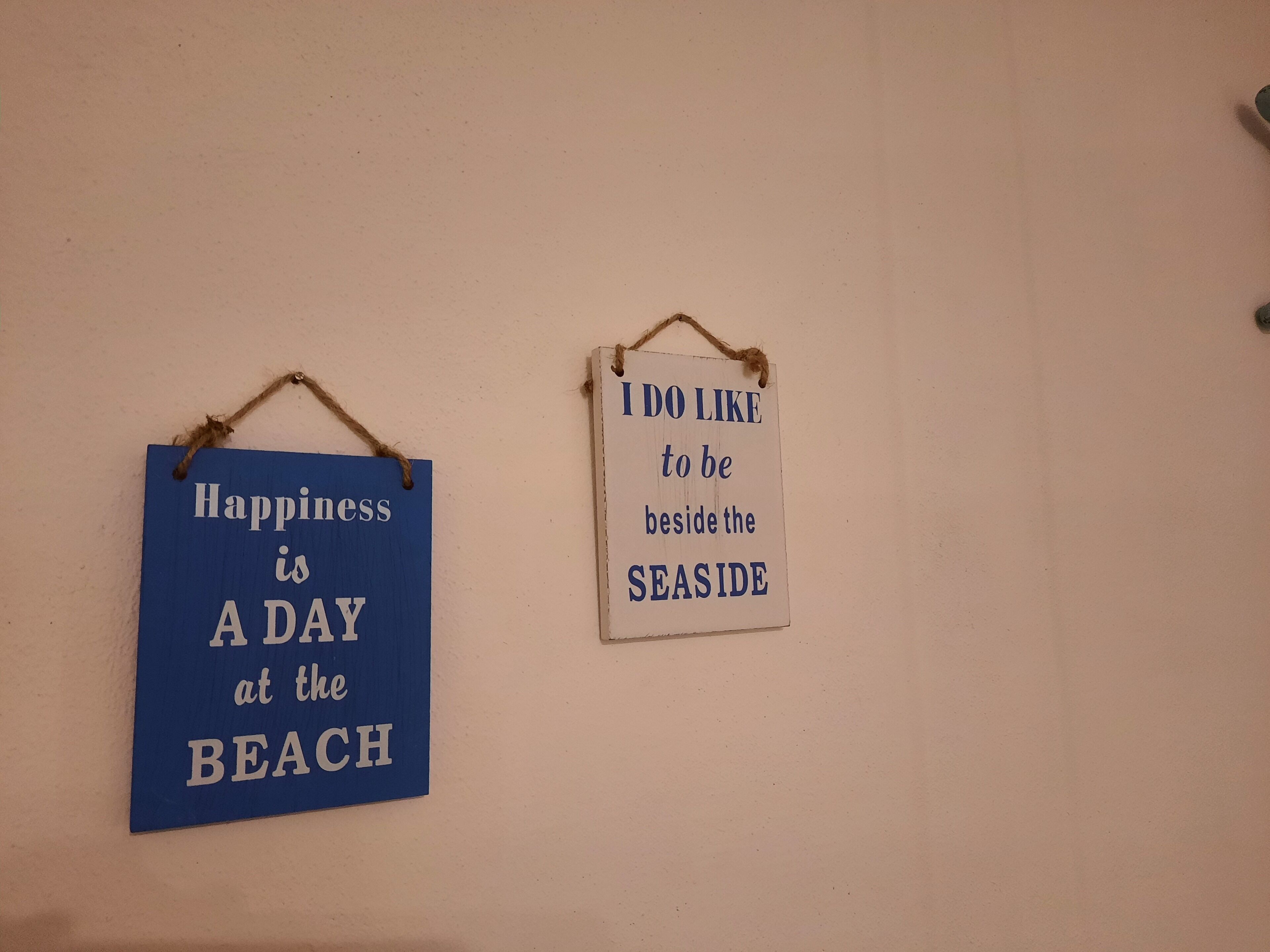 Two wall-mounted signs with text, one blue and one white, both with a rustic rope handle.