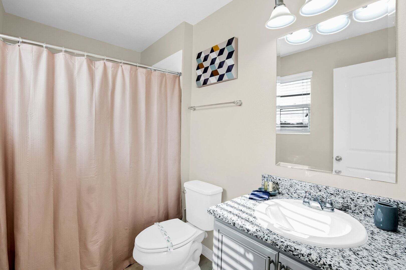 Une salle de bain équipée d’un rideau de douche, de toilettes, d’un lavabo et d’un miroir.