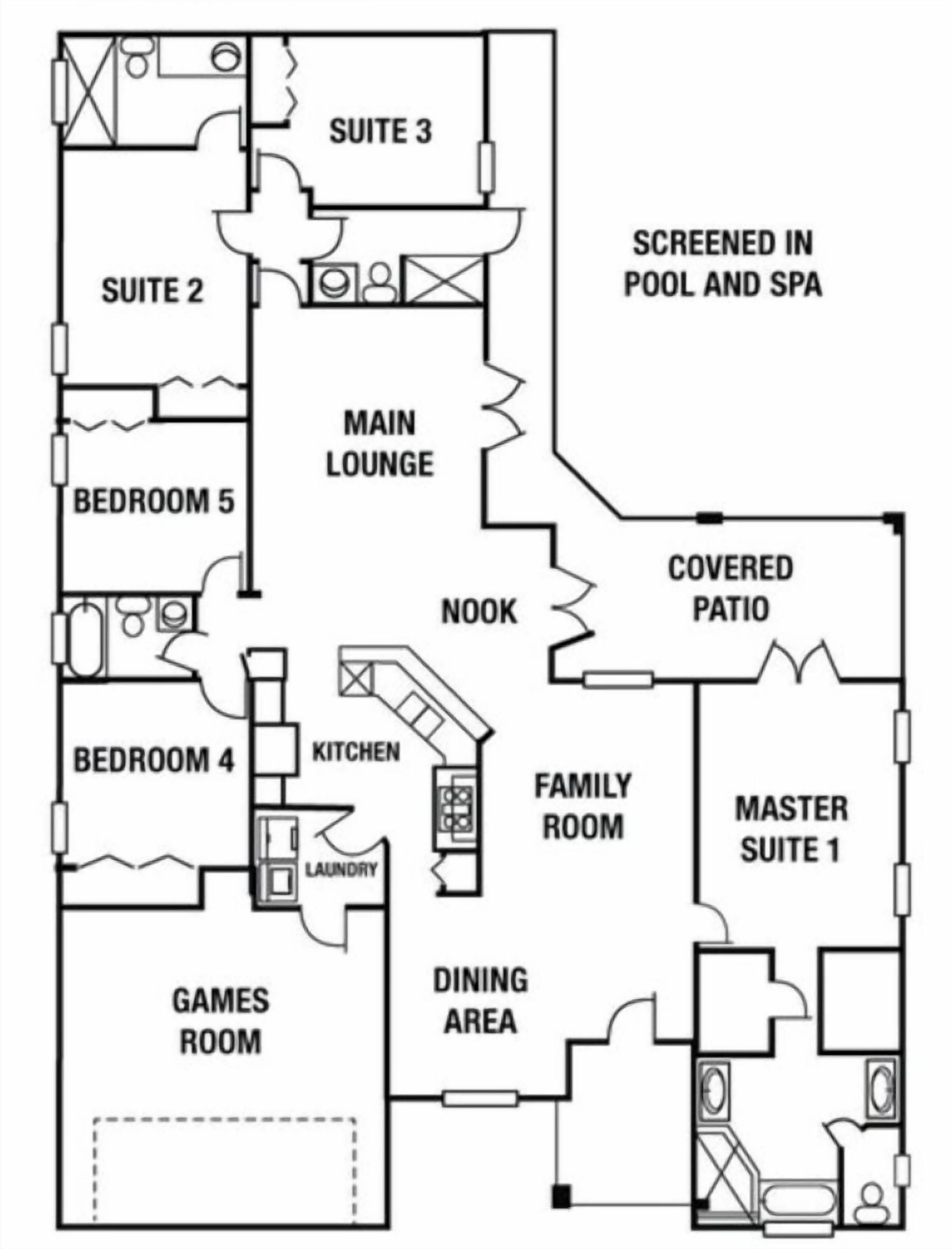 Een plattegrond van een hotel met suites, een hoofdlobby, een overdekt terras, een eetgedeelte en een speelkamer.