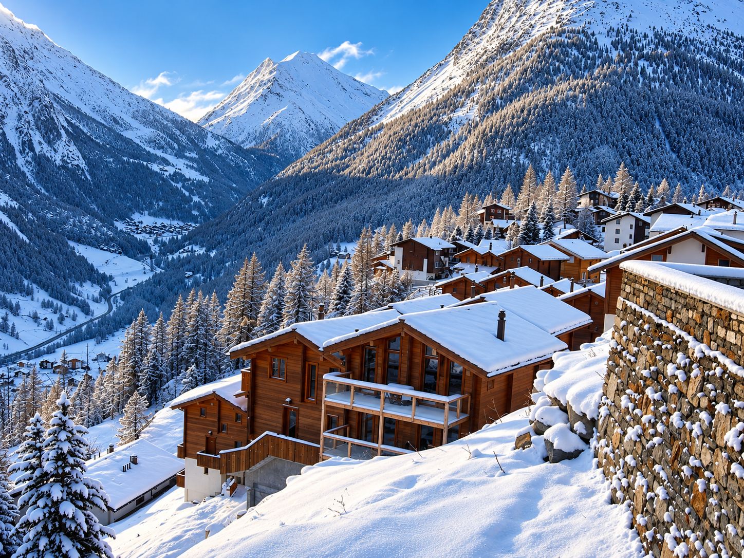 A snow-covered mountain village with wooden buildings and a clear sky.