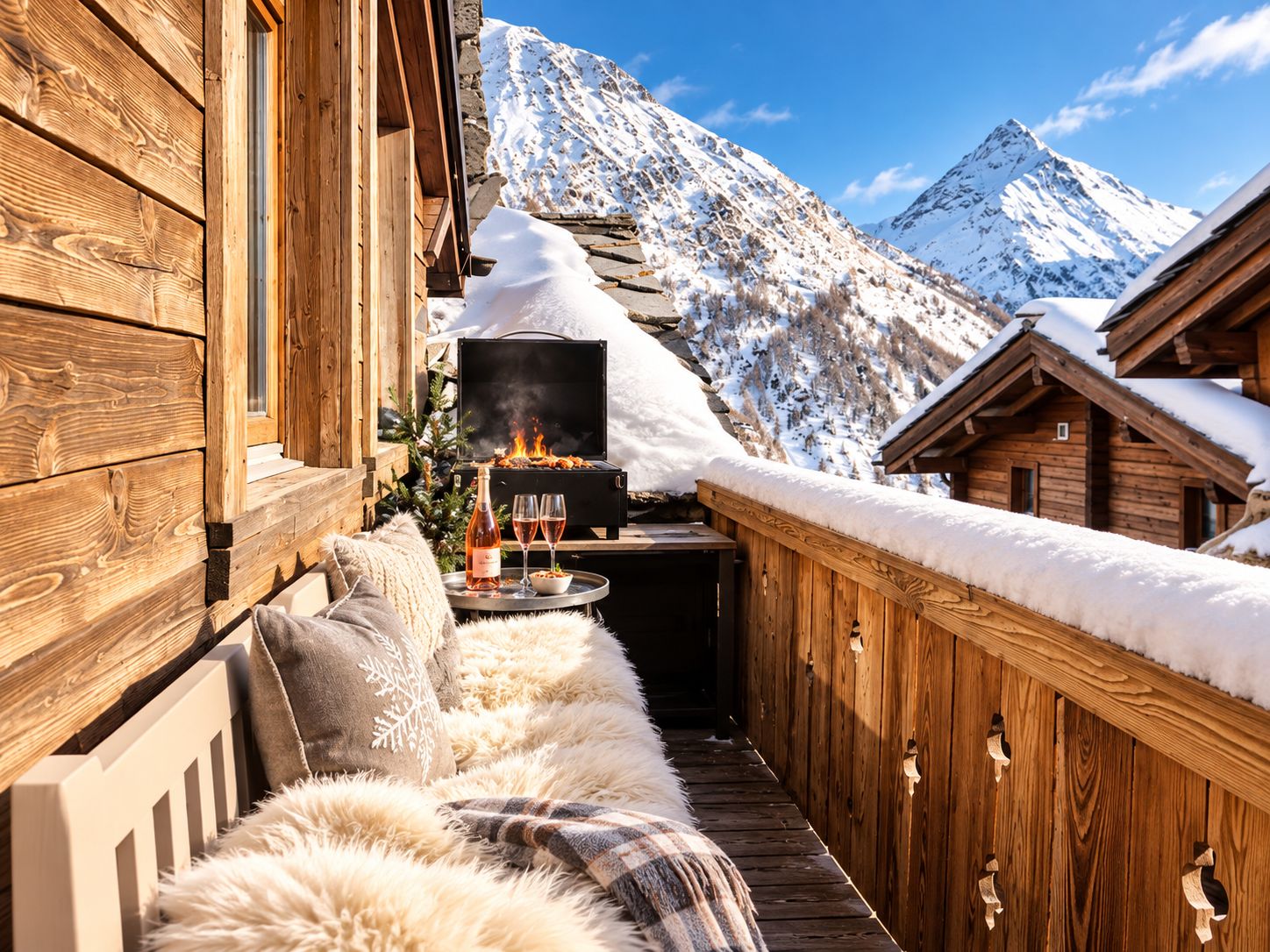 A wooden deck with a grill and wine glasses, overlooking snow-covered mountains.