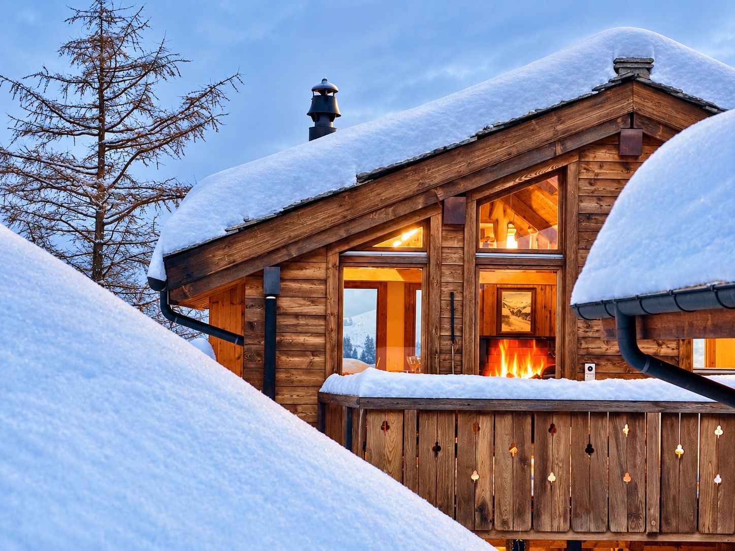 Eine Holzhütte mit Kamin, umgeben von Schnee.
