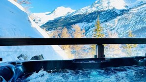Una vasca idromassaggio con vista su montagne innevate e alberi.