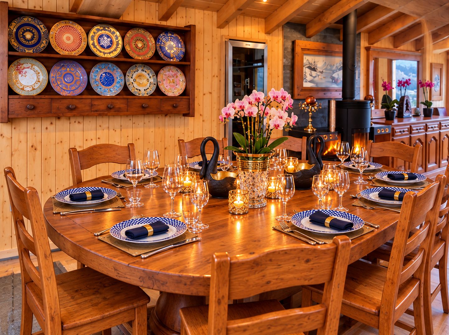 A wooden dining area with a round table set for a meal, surrounded by chairs.
