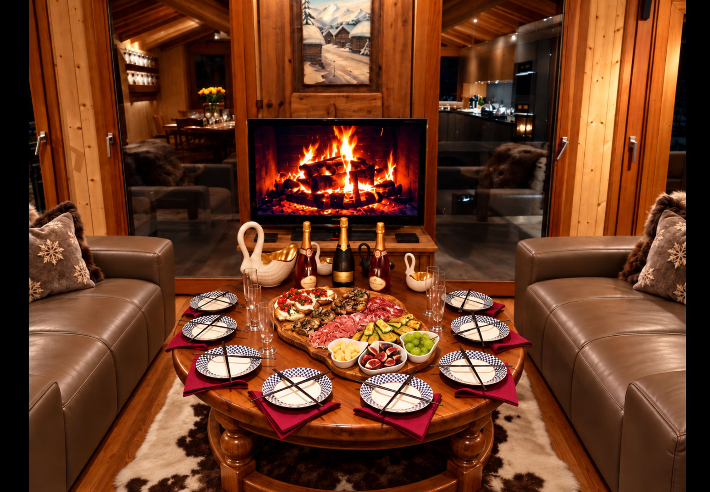 Enjoy relaxed dining beside the warm glow of the chalet fireplace.