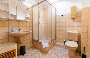 A bathroom with a shower, sink, toilet, and a mirror.